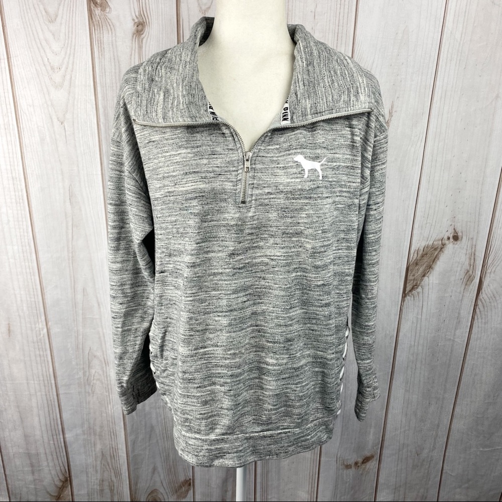PINK Victoria's Secret Heather Grey Quarter Zip Lace Up Pullover Sweatshirt - S